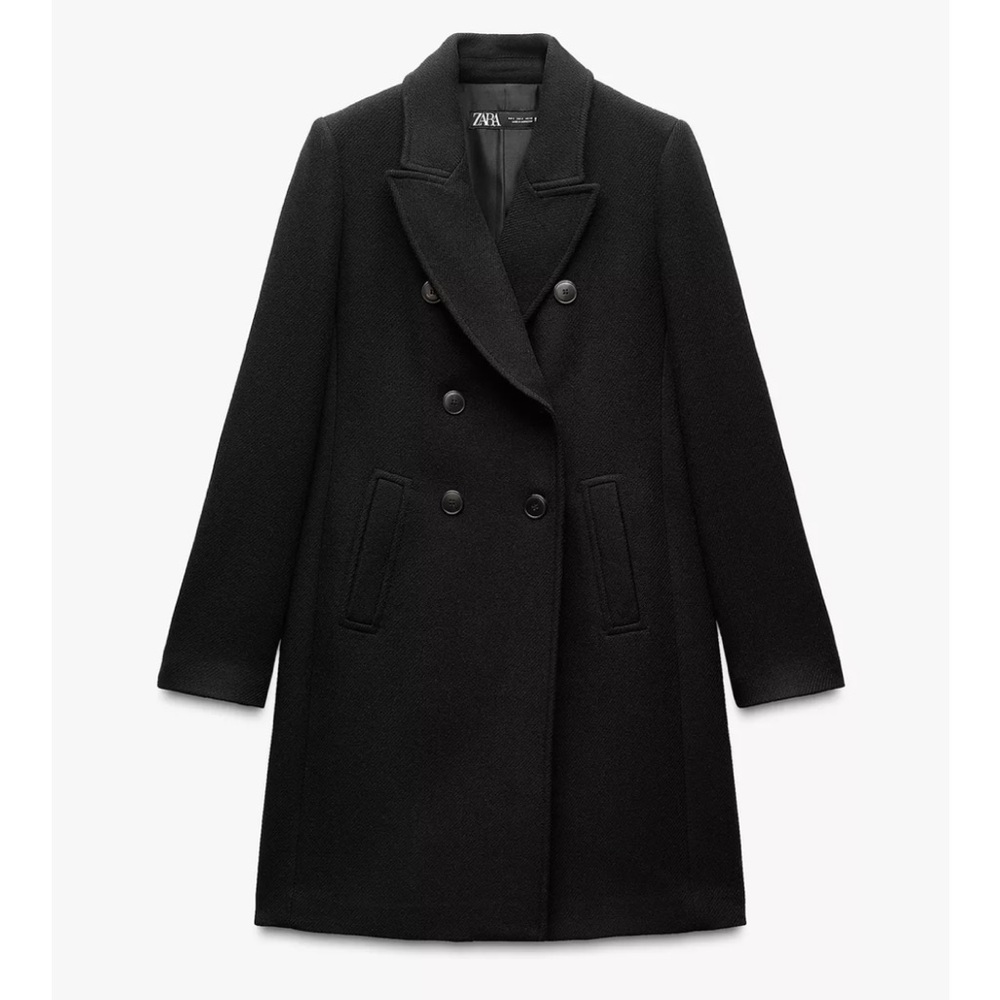 NWT Women’s Zara Double Breasted Wool Blend Black Coat L